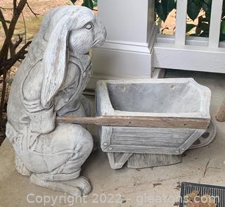 Porch Heavy Yard Sculpture of A Rabbit Pushing a Cart