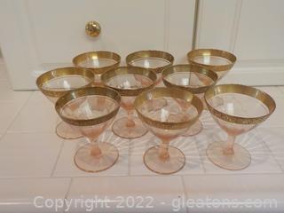 Stunning and Rare Tiffin-Franciscan Cocktail Glasses (9) Pink with Etched Gold Trim (Vintage)