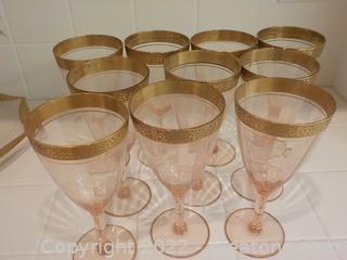 Stunning and Rare Vintage Pink Tiffin Franciscan Wine/Water Glasses with Etched Gold Trim