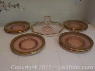 Stunning, Rare Pink Depression Glass with Etched Gold Trim: Truffle Server and 12 Plates (Vintage)