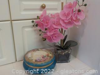 Beautiful Potted Orchid Arrangement and a Pretty French Porcelain Decor Dish