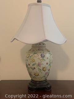 Floral Chinoiserie Table Lamp with Wooden Base