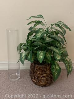 Faux Plant in Basket with A Tall Clear Vase