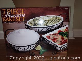 7 Piece Stoneware Bake Set with Wrought Iron Stands NIB