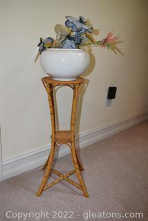 Rattan & Bamboo Plant Stand White Vase and Faux Flowers 