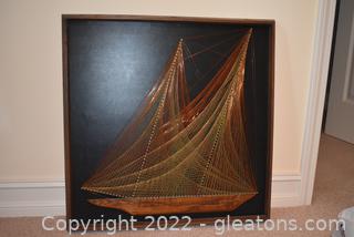 Framed String Art Ship by BOB Kramer MCM 1971 Signed on Back 