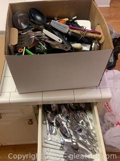 Large Collection of Kitchen Utensils, Knives and Everyday Flatware