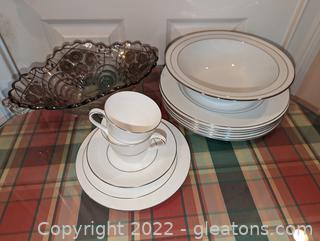 12 Pieces of Noritake “White Scapes” Fine China and a Serving Bowl 