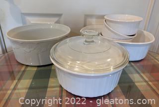 Corningware French White Bowls and Casserole (5) and a Dansk Microwaveable Bowl       