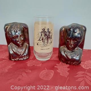 Copper Color Lewis and Clark book Ends & Lewis and Clark Collector Glass