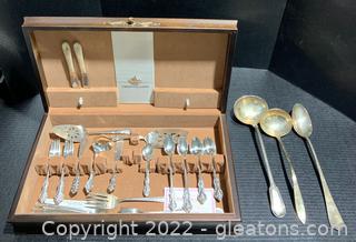 Deep Silver and Other Silver Plate as Well as Large Serving Utensils in Wooden Case (44 pc)