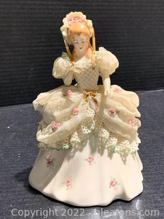 Porcelain and Dresden Lace Figurine of Lady Wearing A Rose Adorned Dress