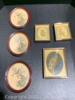 Three Oval Framed Bird Prints and Three Floral Shadow Box Framed Pieces