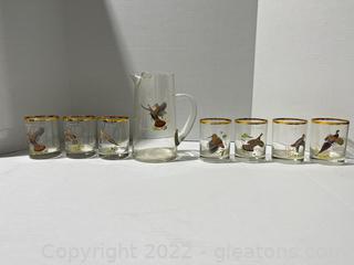 Ned Smith Game Bird Pitcher & On The Rocks Glasses 