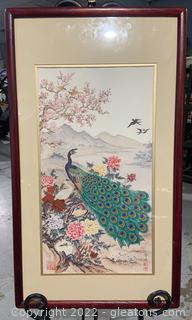Rosewood Framed Asian Peacock Print Behind Acrylic