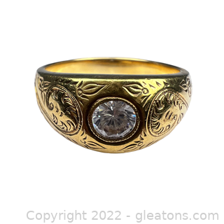 Gorgeous 18kt Yellow Gold Engraved Ring With Cubic Zirconia