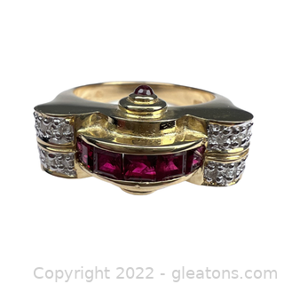 Contemporary 14k Yellow Gold Ruby and Diamond Ring