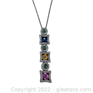 Unique Multi Colored Sapphire and Diamond Necklace 14kt White Gold