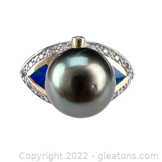 Tahitian Gray Pearl with Opal Inlay & Diamond Ring 14kt Yellow Gold