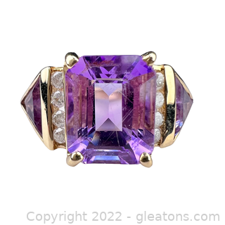 Unique Amethyst and Diamond Ring in 14kt Yellow Gold