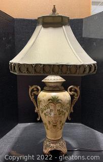 Hand Painted Urn Style Table Lamp with Sage Green Bell Shade 