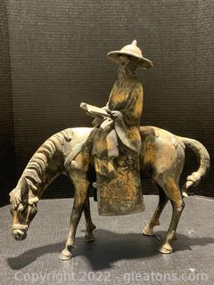 Cast Iron Sculpture of Asian Scholar on Horseback (2 pc)