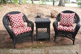 2 Wicker Chairs with Cushions and Side Table