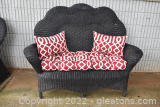 Victorian Fan Back Wicker Sofa with Cushions and Throw Pillows