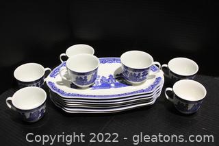 Johnson Bro Willow Pattern Snack Plate & Cup Set (6 & a Spare)
