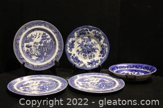 Johnson Bros Willow Dinner Plates (3) Asiatic Pheasant Plate & Blue Willow Bowl