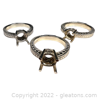3 Etched Solitaire 14kt White Gold Ring Mountings