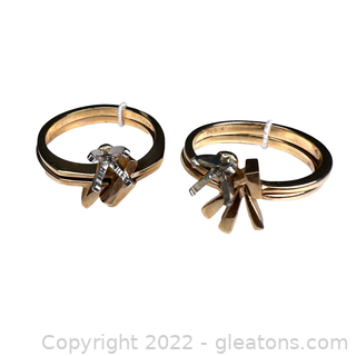 2 Solitaire Engagement Ring Mountings with Matching Bangs in 14kt Yellow Gold