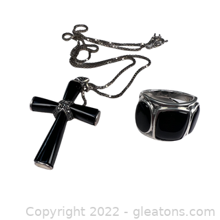 Black Onyx Ring and Cross with Marcasite in Sterling Silver