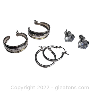 2 Pairs of Sterling Silver Hoop Earrings and Pair of CZ studs