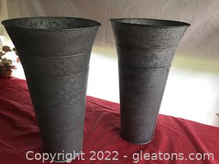 (A) Two Tall Tin Flower Pots
