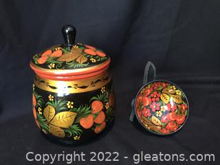 Vintage Russian Hand Painted Lacquered Lidded Container and Trinket Bowl Dish