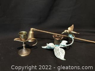 Two Brass Candle Holders - Candle Snuffer