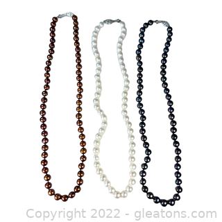 3 Strands of Freshwater Pearls White, Brown & Black