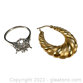 14kt Gold Lot - White Gold Ring Mounting & Yellow Gold Single Hoop Earring