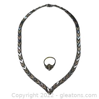 Sterling Silver Tri-Color "V" Necklace and Gold Tone Paste Ring