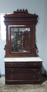 Antique American Victorian Eastlake Walnut Marble Top Dresser with Mirror