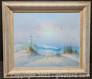 Gorgeous Oil Painting Seascape in Lovely Etched Wood Frame