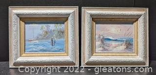 Pair of Cute Oil Painting Seascapes in Lovely Etched Wood Frames