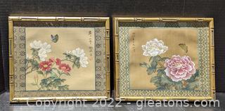 Pair of Oriental Floral Silk Watercolors in Bamboo Like Frames