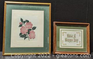 Lovely Floral Numbered Print & Framed “Have a Happy Day” Needlepoint