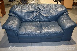Italian Made Navy Leather Two Cushion Love Seat