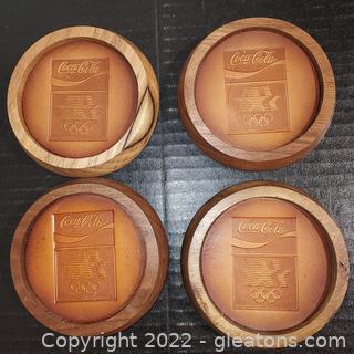 Set of 4 Wood and Leather Olympic Coasters