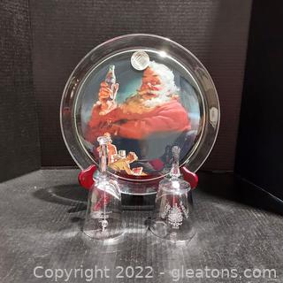 Coca Cola Christmas-Glass Santa Tray and 2 Christmas Bells