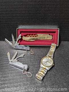 Coca-Cola Seiko Watch, Gold Plated Corkscrew, & 2 Pocket Knives