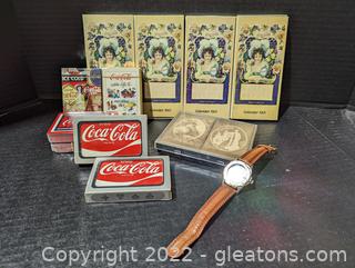 Vintage Coca-Cola Match Box Sets (4), 8 Deck of Cards, & Genuine Leather Band Watch